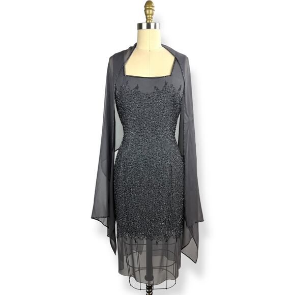 BASIX II pure silk gray beaded cocktail party dress with matching shawl SIZE 12 - Picture 5 of 16